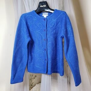 Vtg Pendleton Virgin Wool Sweater Cardigan Size M Blue Grannycore Embroidery